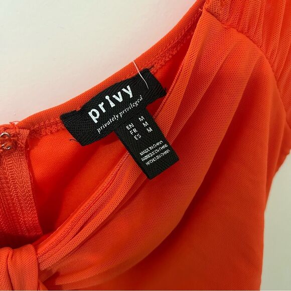 Privy | Orange mesh off shoulder ruched midi dress | medium - Picture 7 of 7